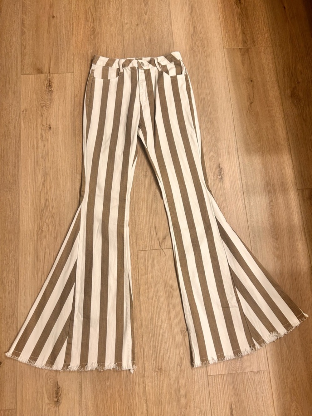 Saints & Hearts Striped Bell Bottom Jeans - Cream & Brown